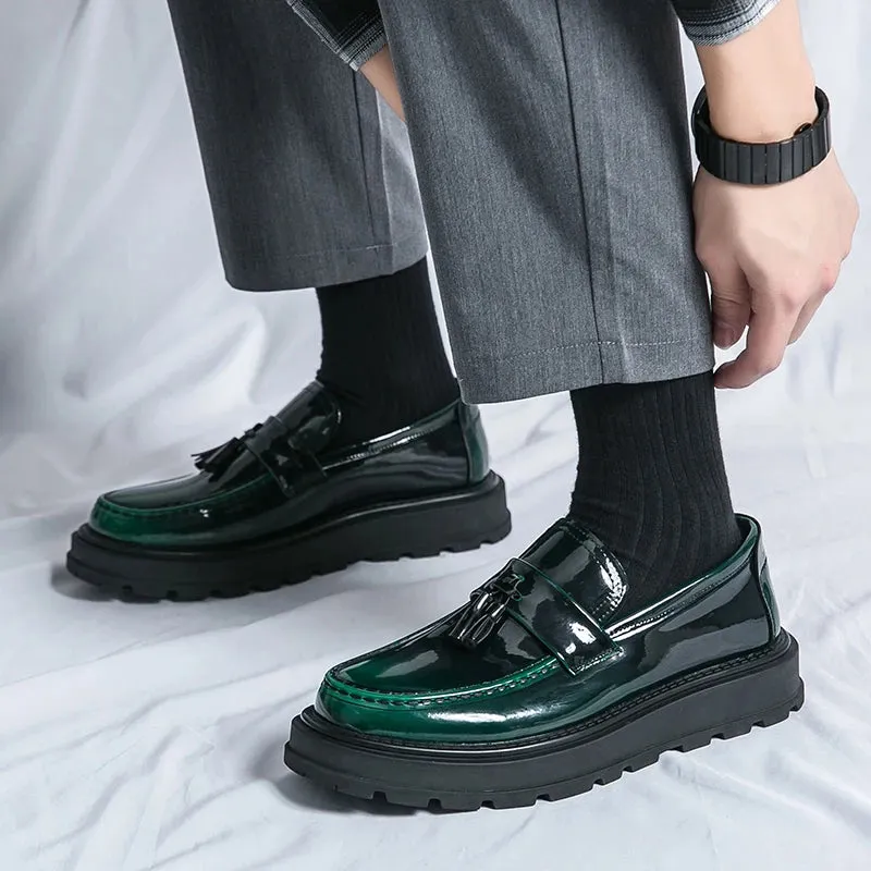 Sohiwoo Fashion Thick Bottom Men's Business Patent Leather Shoes Slip-on Tassel Shoes Student Shoes Office Loafers Black Shoes Kerae