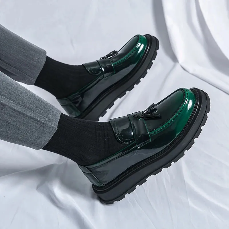 Sohiwoo Fashion Thick Bottom Men's Business Patent Leather Shoes Slip-on Tassel Shoes Student Shoes Office Loafers Black Shoes Kerae