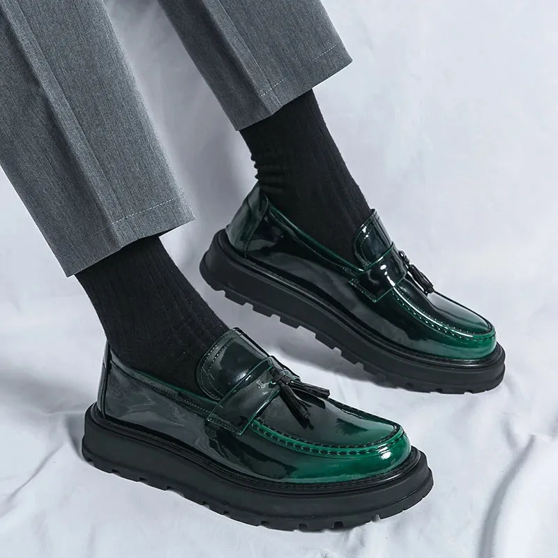 Sohiwoo Fashion Thick Bottom Men's Business Patent Leather Shoes Slip-on Tassel Shoes Student Shoes Office Loafers Black Shoes Kerae
