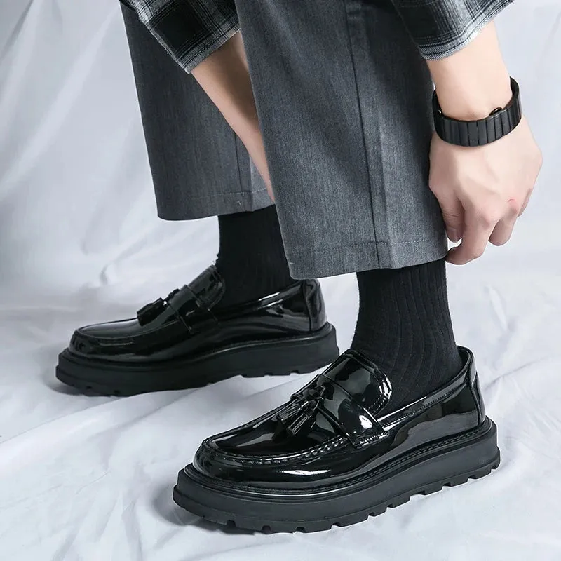 Sohiwoo Fashion Thick Bottom Men's Business Patent Leather Shoes Slip-on Tassel Shoes Student Shoes Office Loafers Black Shoes Kerae