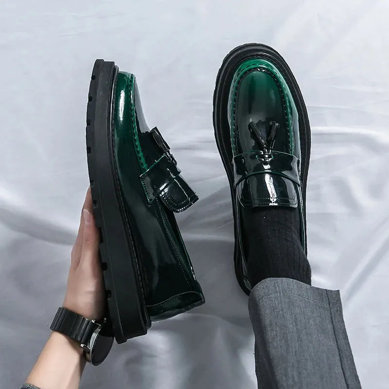 Sohiwoo Fashion Thick Bottom Men's Business Patent Leather Shoes Slip-on Tassel Shoes Student Shoes Office Loafers Black Shoes Kerae