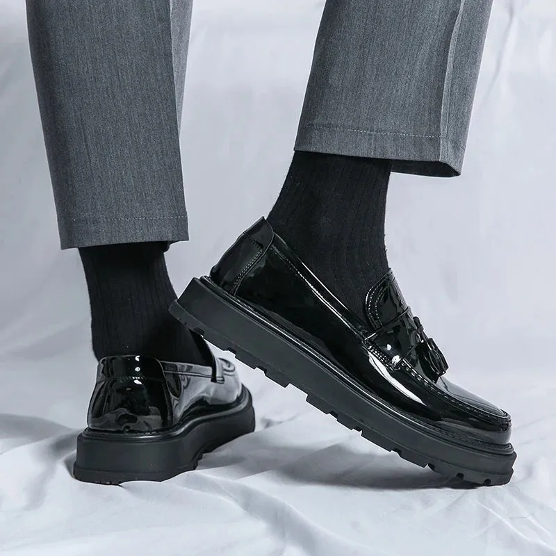 Sohiwoo Fashion Thick Bottom Men's Business Patent Leather Shoes Slip-on Tassel Shoes Student Shoes Office Loafers Black Shoes Kerae