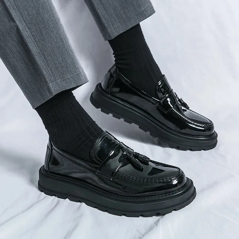 Sohiwoo Fashion Thick Bottom Men's Business Patent Leather Shoes Slip-on Tassel Shoes Student Shoes Office Loafers Black Shoes Kerae