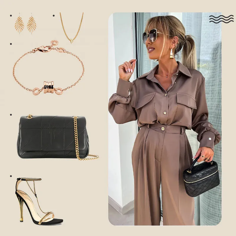 Women's Casual Long Sleeve Shirt and Loose Pants（2 Piece Set）