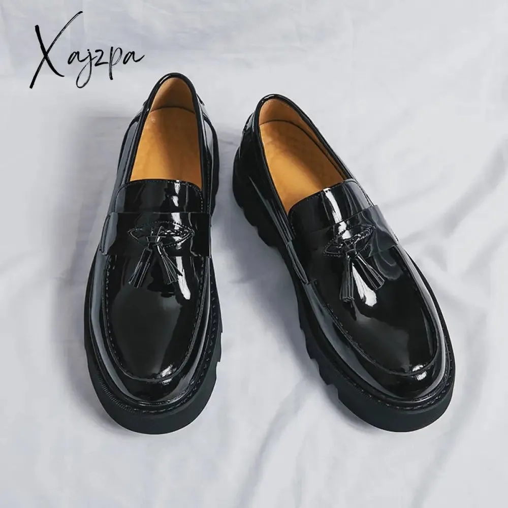 Xajzpa - Fashion Pointed Toe Luxury Dress Shoes Men Loafers Patent Leather Tassel Black Men Formal Mariage Wedding Shoes Thick bottom
